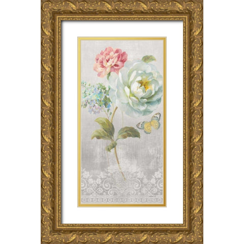 Textile Floral Panel I Gold Ornate Wood Framed Art Print with Double Matting by Nai, Danhui