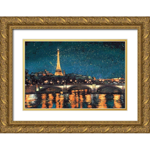 Paris Nights Blue I Gold Ornate Wood Framed Art Print with Double Matting by Wiens, James