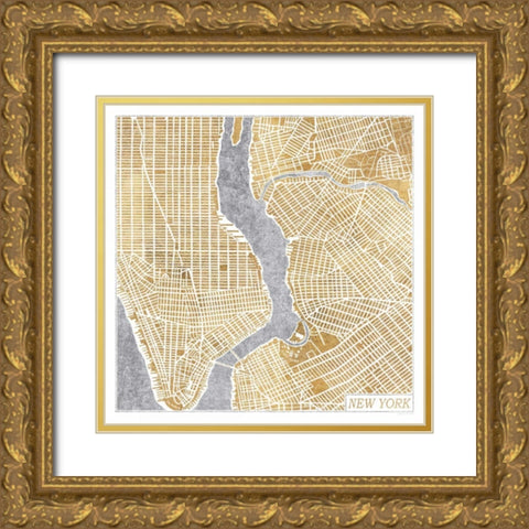 Gilded New York  Map Gold Ornate Wood Framed Art Print with Double Matting by Marshall, Laura