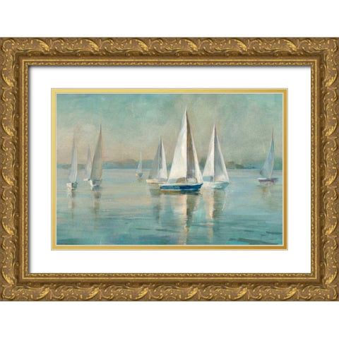 Sailboats at Sunrise Gold Ornate Wood Framed Art Print with Double Matting by Nai, Danhui