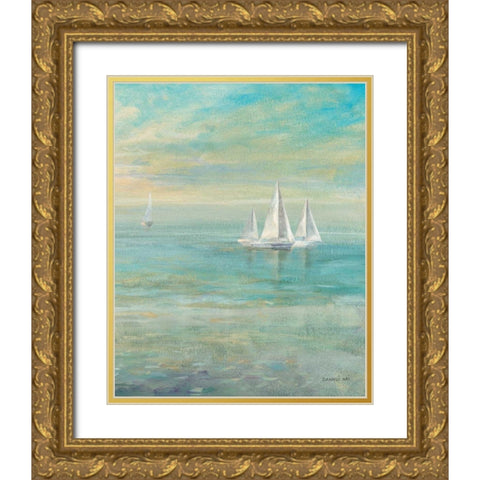 Sunrise Sailboats II Gold Ornate Wood Framed Art Print with Double Matting by Nai, Danhui