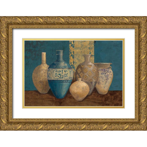 Aegean Vessels on Turquoise Gold Ornate Wood Framed Art Print with Double Matting by Tillmon, Avery