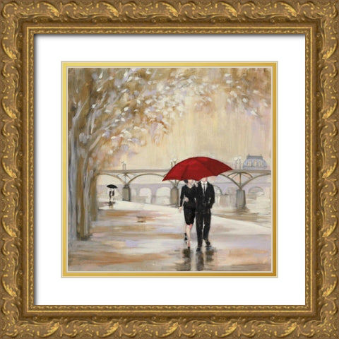 Romantic Paris III Red Umbrella Gold Ornate Wood Framed Art Print with Double Matting by Purinton, Julia
