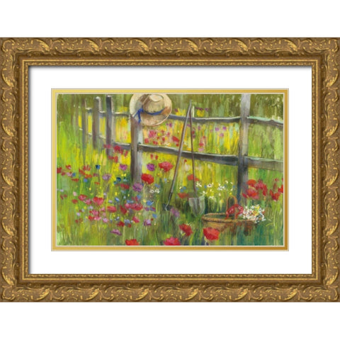 Gardening by the Fence Gold Ornate Wood Framed Art Print with Double Matting by Rowan, Carol