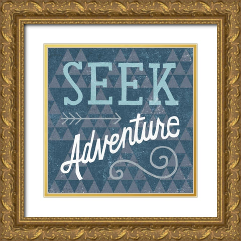 Mod Triangles Seek Adventure Blue Gold Ornate Wood Framed Art Print with Double Matting by Mullan, Michael