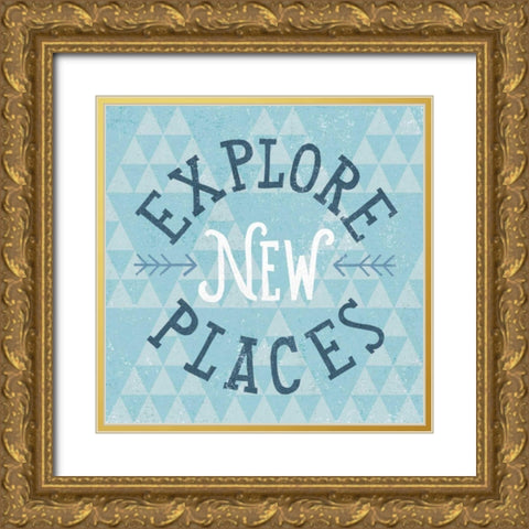Mod Triangles Explore New Places Blue Gold Ornate Wood Framed Art Print with Double Matting by Mullan, Michael