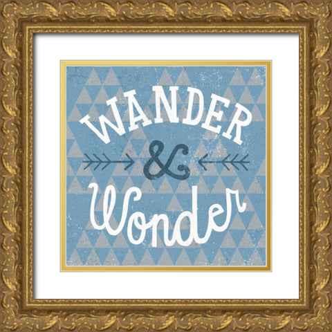 Mod Triangles Wander and Wonder Blue Gold Ornate Wood Framed Art Print with Double Matting by Mullan, Michael