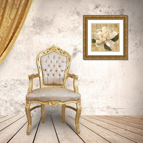 Gardenia Blossom on Script Gold Ornate Wood Framed Art Print with Double Matting by Hristova, Albena