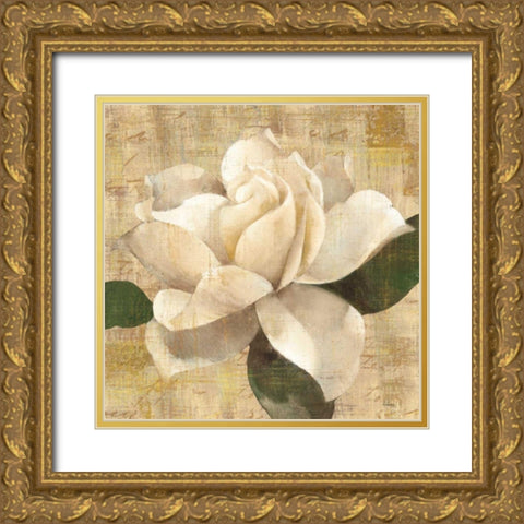 Gardenia Blossom on Script Gold Ornate Wood Framed Art Print with Double Matting by Hristova, Albena