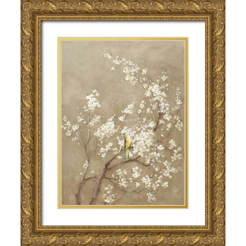 White Cherry Blossom I Neutral Crop Bird Gold Ornate Wood Framed Art Print with Double Matting by Nai, Danhui