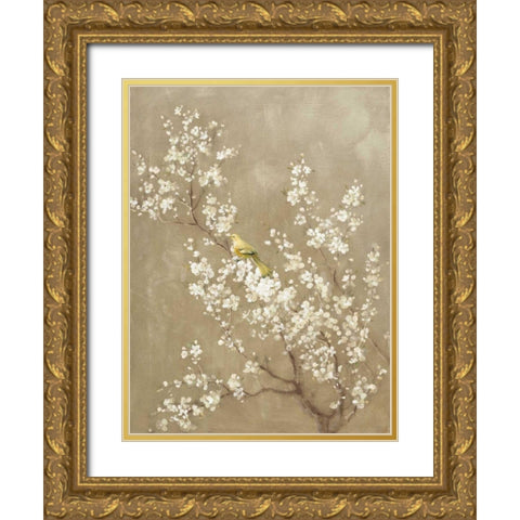 White Cherry Blossom II Neutral Crop Bird Gold Ornate Wood Framed Art Print with Double Matting by Nai, Danhui