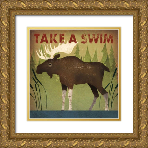 Take a Swim Moose Gold Ornate Wood Framed Art Print with Double Matting by Fowler, Ryan