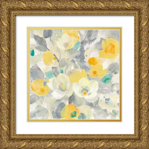Buttercups I Teal Gold Ornate Wood Framed Art Print with Double Matting by Hristova, Albena