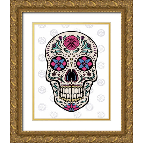Sugar Skull on Gray Gold Ornate Wood Framed Art Print with Double Matting by Penner, Janelle