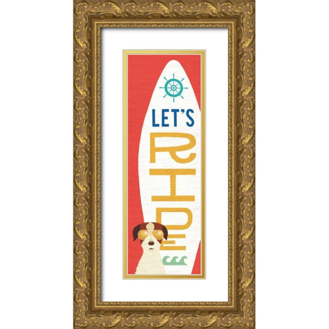 Beach Bums Terrier Surf Board Gold Ornate Wood Framed Art Print with Double Matting by Mullan, Michael