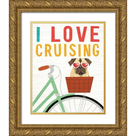 Beach Bums Pug Bicycle I Love Gold Ornate Wood Framed Art Print with Double Matting by Mullan, Michael
