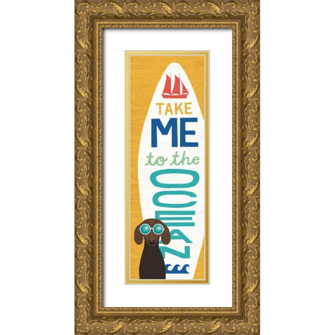Beach Bums Dachshund Surf Board Gold Ornate Wood Framed Art Print with Double Matting by Mullan, Michael