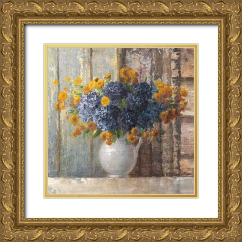 Fall Dahlia Bouquet Crop Blue Gold Ornate Wood Framed Art Print with Double Matting by Nai, Danhui