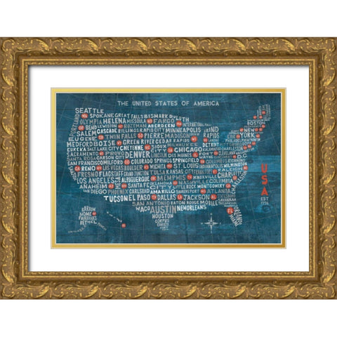 US City Map on Wood Blue Gold Ornate Wood Framed Art Print with Double Matting by Mullan, Michael