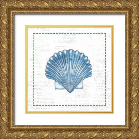 Navy Scallop Shell on Newsprint with Red Gold Ornate Wood Framed Art Print with Double Matting by Adams, Emily