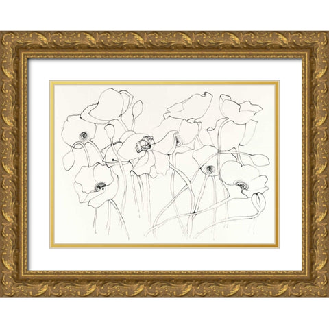 Black Line Poppies III Gold Ornate Wood Framed Art Print with Double Matting by Novak, Shirley