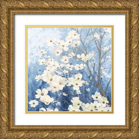 Dogwood Blossoms I Indigo Gold Ornate Wood Framed Art Print with Double Matting by Wiens, James