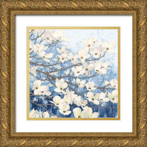 Dogwood Blossoms II Indigo Gold Ornate Wood Framed Art Print with Double Matting by Wiens, James