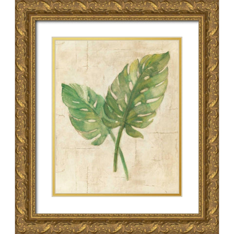 Monstera Leaves Neutral Crop Gold Ornate Wood Framed Art Print with Double Matting by Hristova, Albena