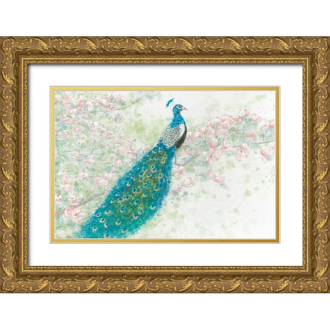 Spring Peacock I Pink Flowers Gold Ornate Wood Framed Art Print with Double Matting by Wiens, James