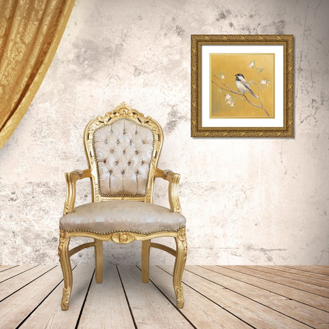 Black Capped Chickadee on Gold Gold Ornate Wood Framed Art Print with Double Matting by Nai, Danhui