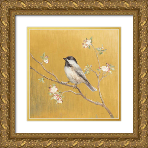 Black Capped Chickadee on Gold Gold Ornate Wood Framed Art Print with Double Matting by Nai, Danhui