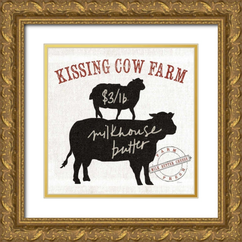 Farm Linen Cow Black Gold Ornate Wood Framed Art Print with Double Matting by Schlabach, Sue