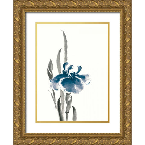 Japanese Iris II Crop Indigo Gold Ornate Wood Framed Art Print with Double Matting by Paschke, Chris