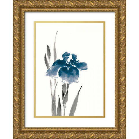 Japanese Iris III Crop Indigo Gold Ornate Wood Framed Art Print with Double Matting by Paschke, Chris