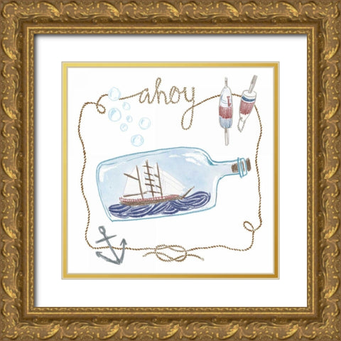 Ship in a Bottle Ahoy Gold Ornate Wood Framed Art Print with Double Matting by Zieve Miller, Sara