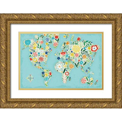 Floral World Blue Gold Ornate Wood Framed Art Print with Double Matting by Mullan, Michael