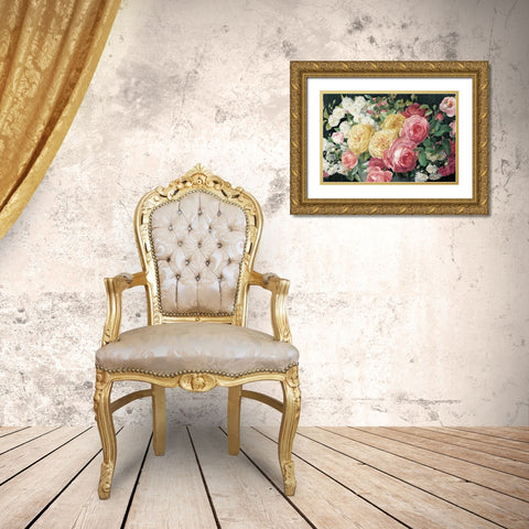 Antique Roses on Black Crop Gold Ornate Wood Framed Art Print with Double Matting by Nai, Danhui