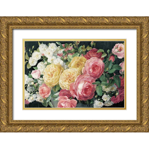 Antique Roses on Black Crop Gold Ornate Wood Framed Art Print with Double Matting by Nai, Danhui