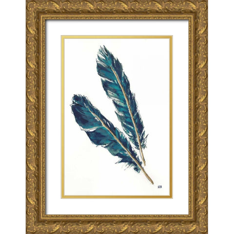 Gold Feathers III Indigo Gold Ornate Wood Framed Art Print with Double Matting by Paschke, Chris