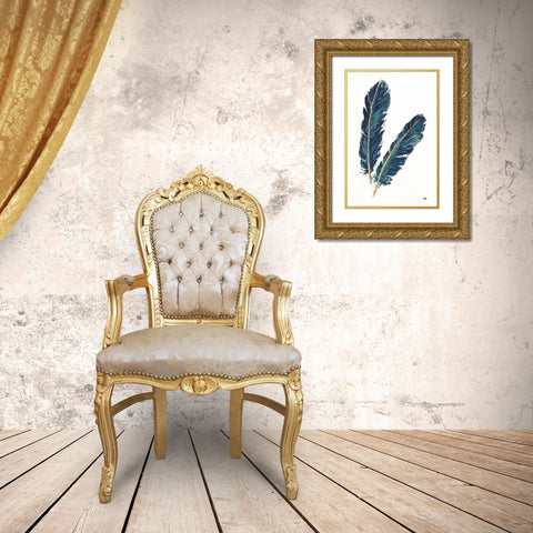 Gold Feathers IV Indigo Gold Ornate Wood Framed Art Print with Double Matting by Paschke, Chris