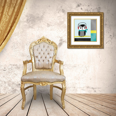 Owls I Blue Gray and Yellow Gold Ornate Wood Framed Art Print with Double Matting by Warrick, Cheryl