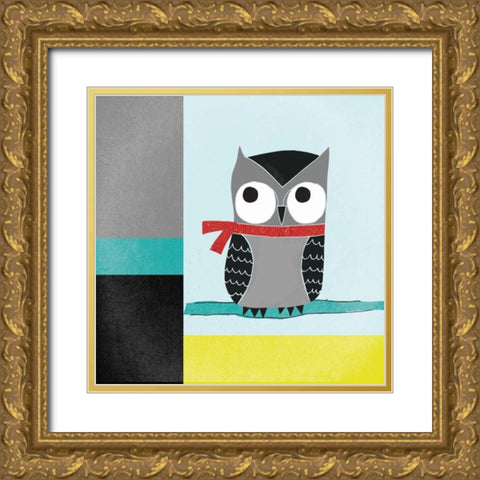 Owls III Blue Gray and Yellow Gold Ornate Wood Framed Art Print with Double Matting by Warrick, Cheryl