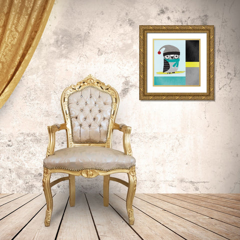 Owls IV Blue Gray and Yellow Gold Ornate Wood Framed Art Print with Double Matting by Warrick, Cheryl