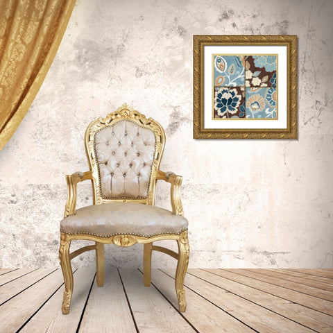 Blue Patchwork Motif I Gold Ornate Wood Framed Art Print with Double Matting by Pela