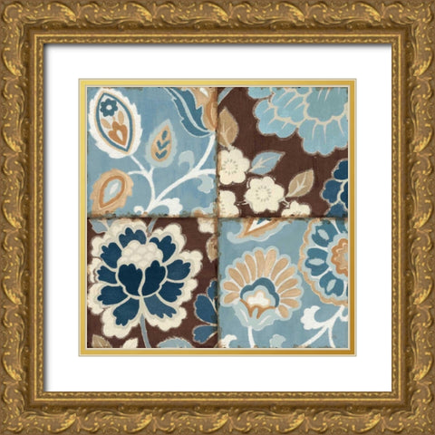 Blue Patchwork Motif I Gold Ornate Wood Framed Art Print with Double Matting by Pela
