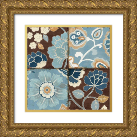 Blue Patchwork Motiff II Gold Ornate Wood Framed Art Print with Double Matting by Pela