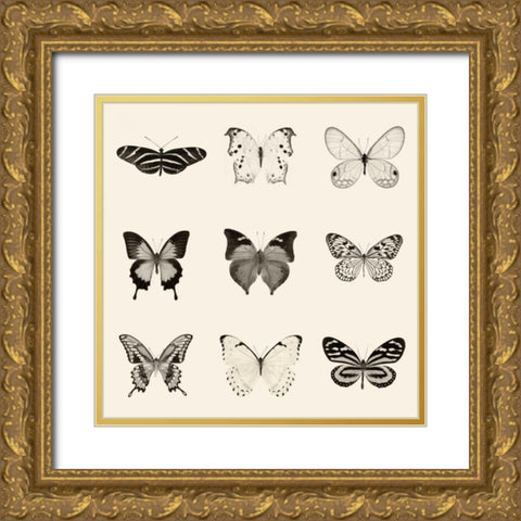 Butterfly BW 9 Patch Gold Ornate Wood Framed Art Print with Double Matting by Van Swearingen, Debra