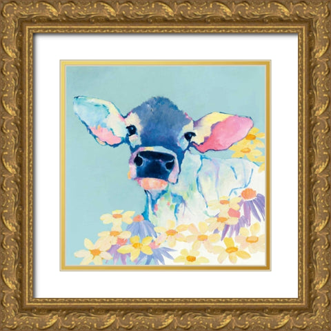 Bessie with Flowers on Teal Gold Ornate Wood Framed Art Print with Double Matting by Tillmon, Avery