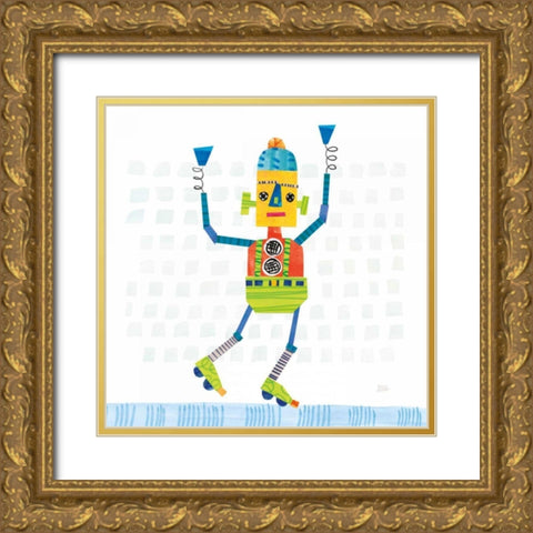 Robot Party I on Squares Gold Ornate Wood Framed Art Print with Double Matting by Averinos, Melissa
