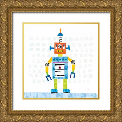 Robot Party II on Squares Gold Ornate Wood Framed Art Print with Double Matting by Averinos, Melissa